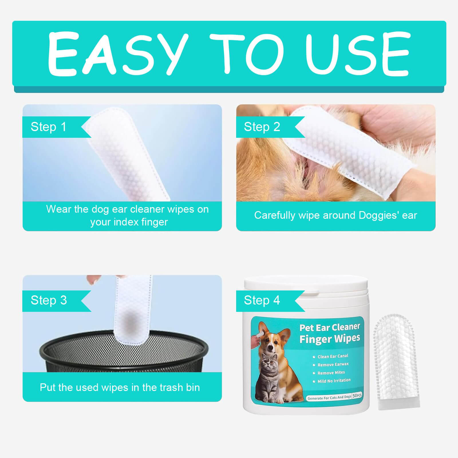 Ear Cleaning Wipes, 50 Pieces 3 Packs 150 Pieces Total, Dog and Cat Grooming and Wax Removal Kit, Soft, Easy, Non-Irritating Cleaning Pads to Clean Dirt and Prevent Bad Odors and Itching (Ear Wipes)