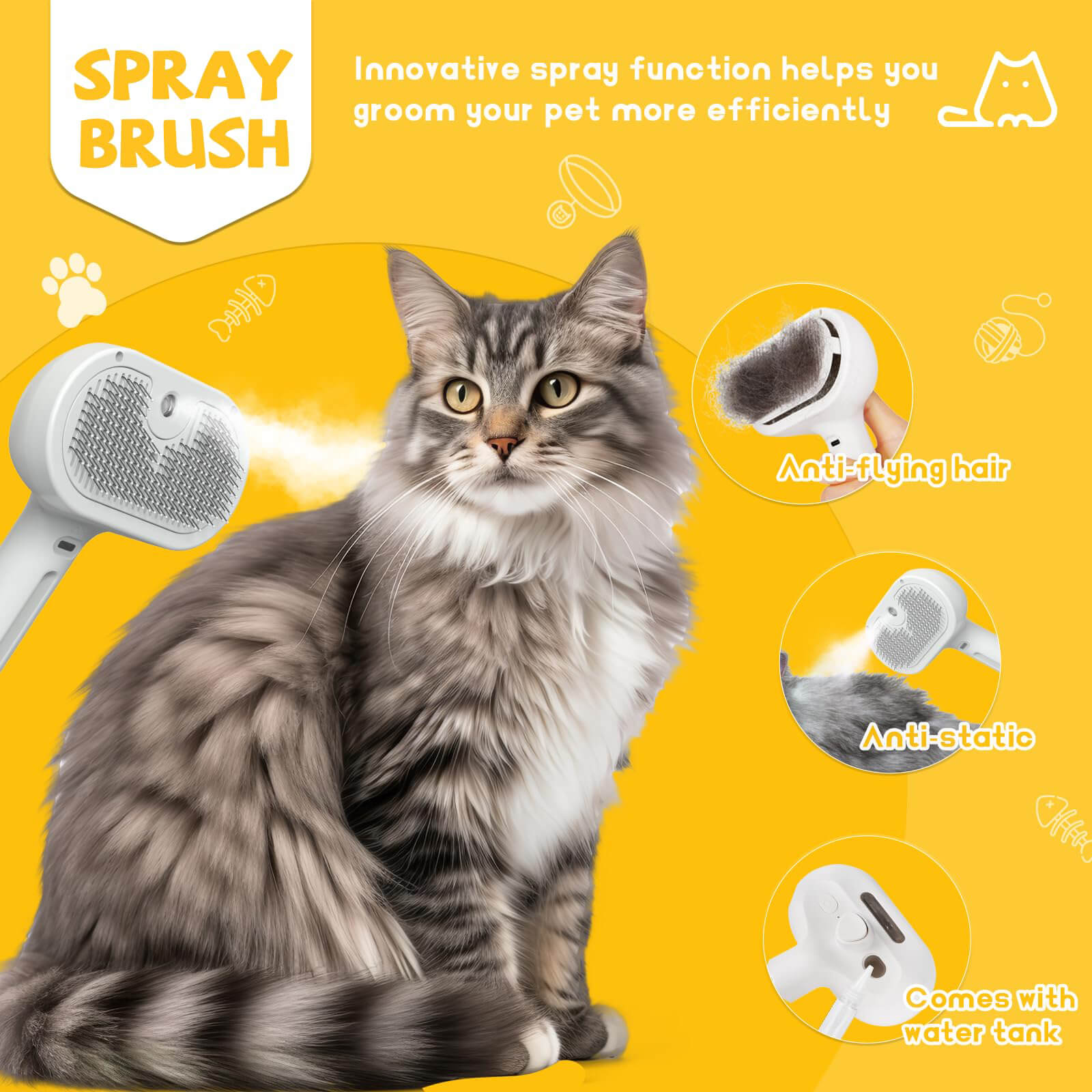 Self-cleaning pet shedding and static removal spray brush suitable for long and short hair of dogs and cats to remove tangled and loose hair.