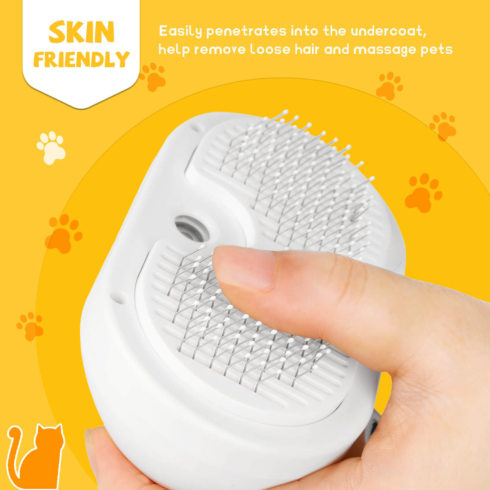 Self-cleaning pet shedding and static removal spray brush suitable for long and short hair of dogs and cats to remove tangled and loose hair.