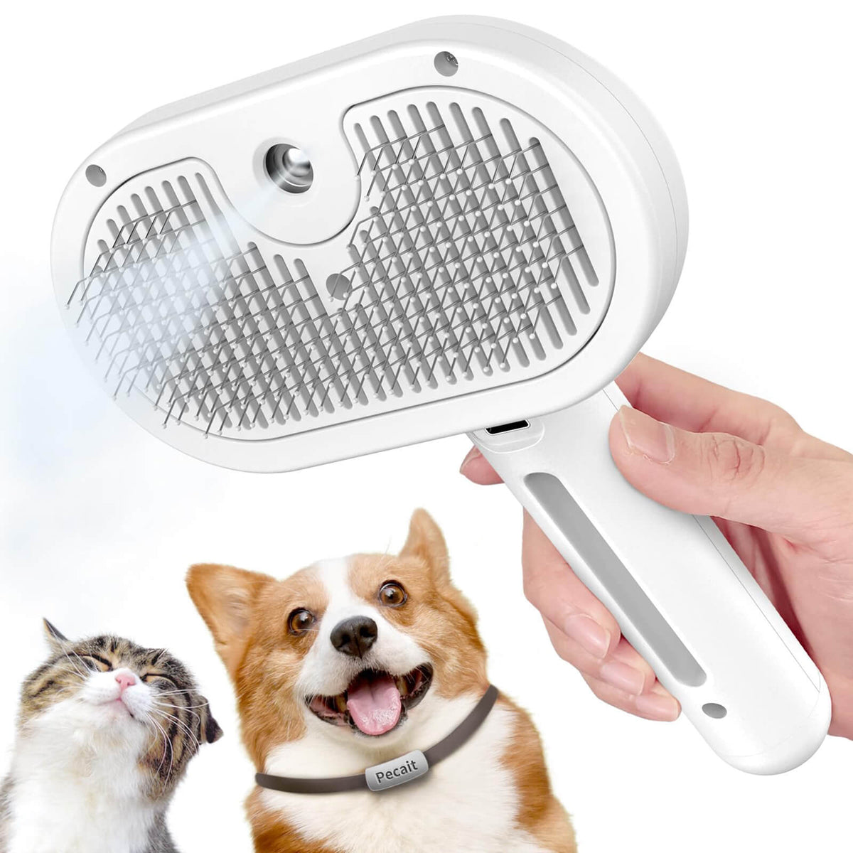 Self-cleaning pet shedding and static removal spray brush suitable for long and short hair of dogs and cats to remove tangled and loose hair.